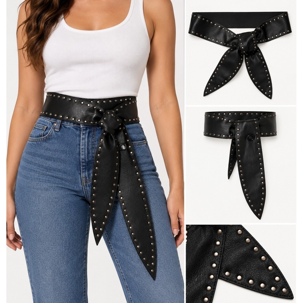 EsqualoBlack Faux Leather Studded Waist Belt Silver Studs Edgy Moto Punk 75"Long